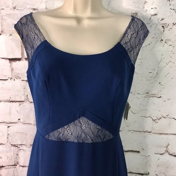 AIDAN MATTOX Lace inset cutout Navy Blue floor length gown Size 4 NEW WITH TAGS - Picture 2 of 15